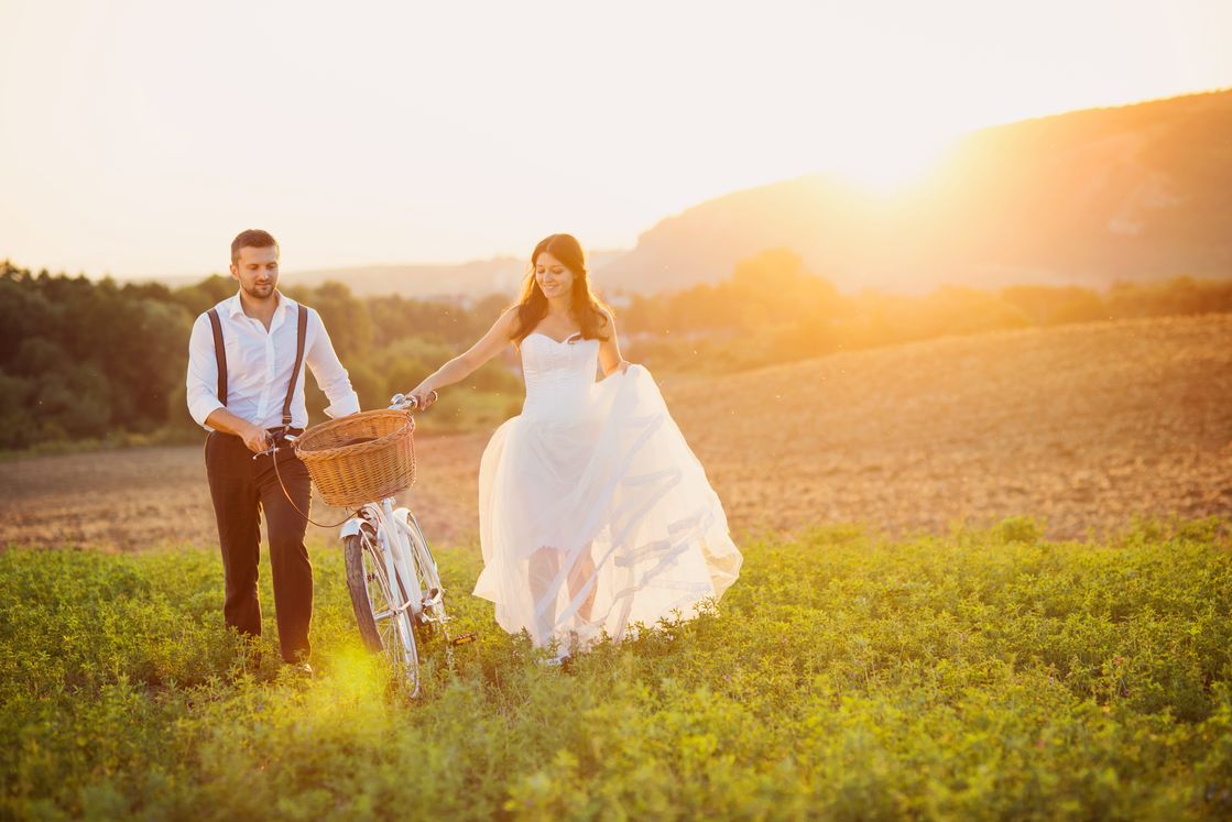 Bride and groom in the wedding day attire